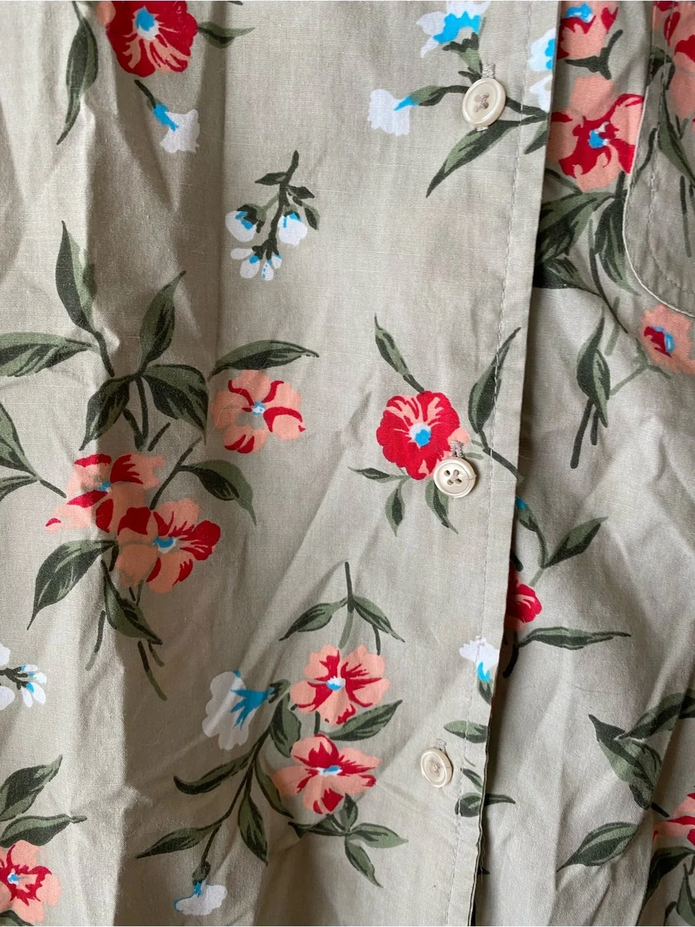 Vintage Bobbie Brooks Floral Blouse Large Flax Tan Red Button Down Shirt